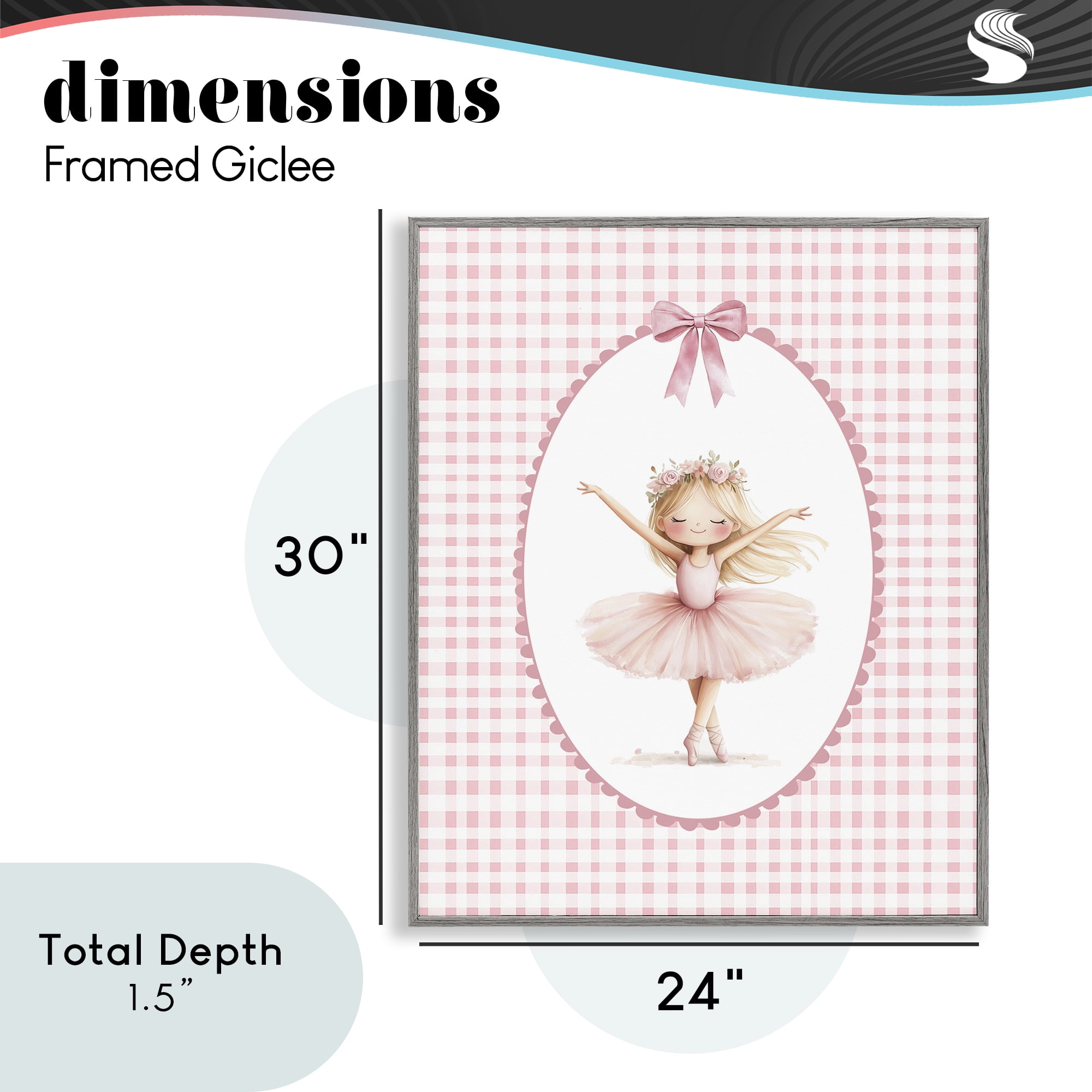 Ballerina on Pink Checkered Gray Framed Giclee Art, design by Christine Simpson Art