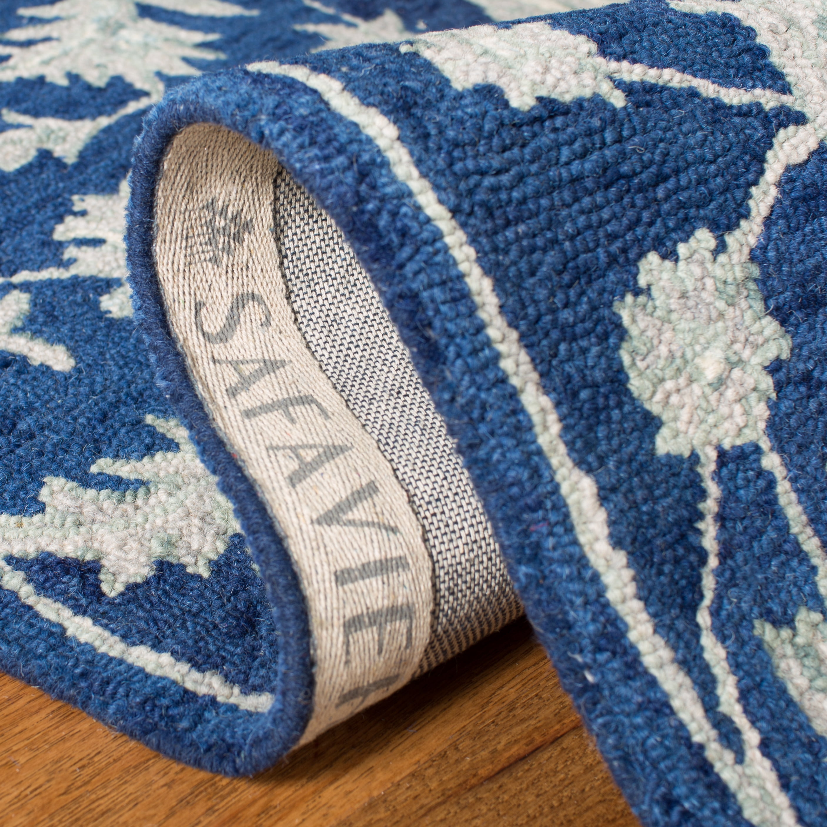 SAFAVIEH Micro-Loop Carl Floral Overdyed Wool Runner Rug, Navy/Grey, 2'3" x 7'