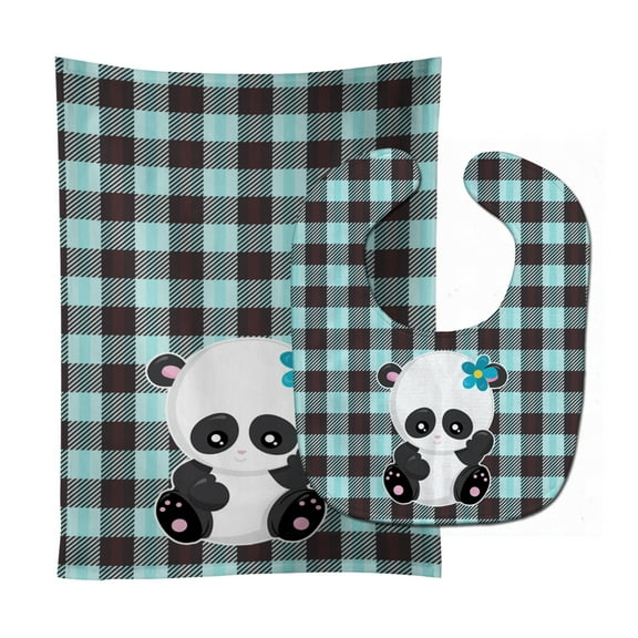Panda on Plaid Baby Bib and Burp Cloth