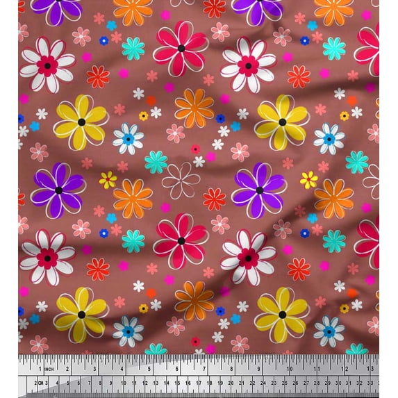 Soimoi Brown Viscose Chiffon Fabric Flower Artistic Printed Craft Fabric by the Yard 42 Inch Wide