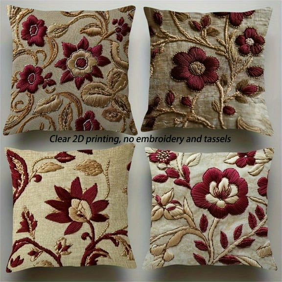4pcs Burgundy Khaki Floral Pillow Covers 18x18 Inch, Double Sided 2D Print Decorative Throw Pillowcases, Soft Polyester with Hidden Zipper for Sofa Bedroom Living Room Outdoor Decor