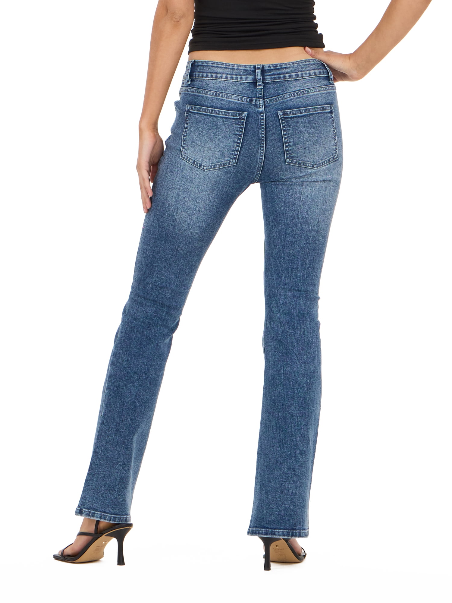 Forever 21 Women's and Women's Plus Mid Rise Bootcut Denim Pants with Rhinestone and Embroidered Back Pockets, Fitted Stretch Jeans, Vintage Wash Casual Style, Blue, 00-4X