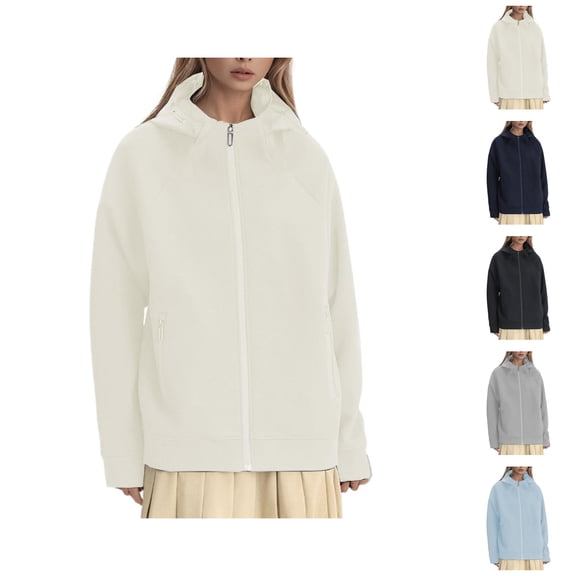 Women's Zip Up Jacket 2025 Fall Winter Long Sleeve Plain Sweatshirt Hoodie with Pockets Coat Outerwear