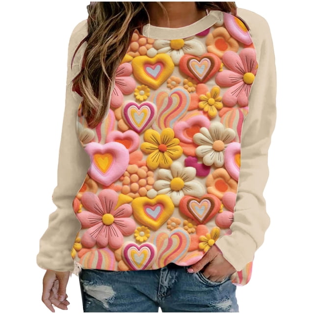 VALMASS Chandails en Molleton à Col Rond pour Femmes, Imprimé Floral, Manches Longues, Mode Décontractée, Blouses Sans Capuche (2TG, Kaki)