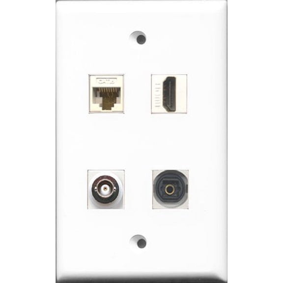 RiteAV 1 Port HDMI and 1 Port Toslink and 1 Port BNC and 1 Port Cat6 Ethernet White Wall Plate