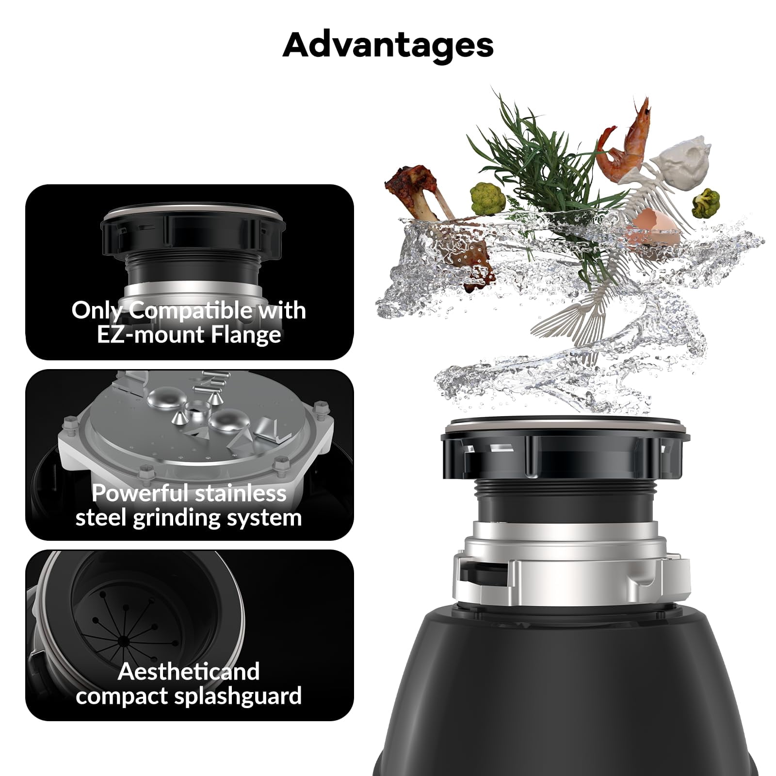 Garbage Disposal, Food Garbage Disposal with Power Cord, Stainless Steel Grinding System, Continuous Feed Compact Garbage Disposals (1/2 HP (Matte Black))