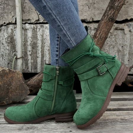 

Gubotare Boots For Women Womens Ankle Boots Slip on Cutout Pointed Toe Snakeskin Chunky Stacked Mid Heel Booties Green 9