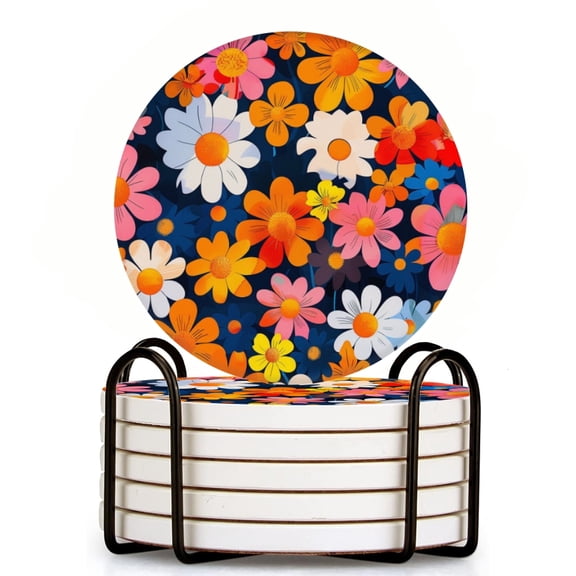 Vibrant Pattern Of Colorful Daisies In Various Sizes Set of 6 Ceramic Coasters with Holder, Absorbent Drink Bar Coasters, Table Coasters for Living Room Decor Tabletop Protection