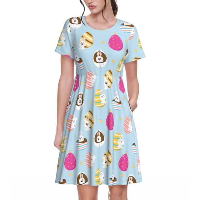 Bixox Robe d'Été à Manches Courtes pour Femmes Robe Ample Longueur Genou avec Poches-Joyeuses Pâques