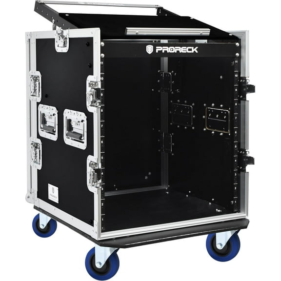 PRORECK 12U Rack/Road Case With Slant Mixer Top, And Casters, 20'' Rackable Depth, Plywood, 12U Installation Size, Pro Stage Performance