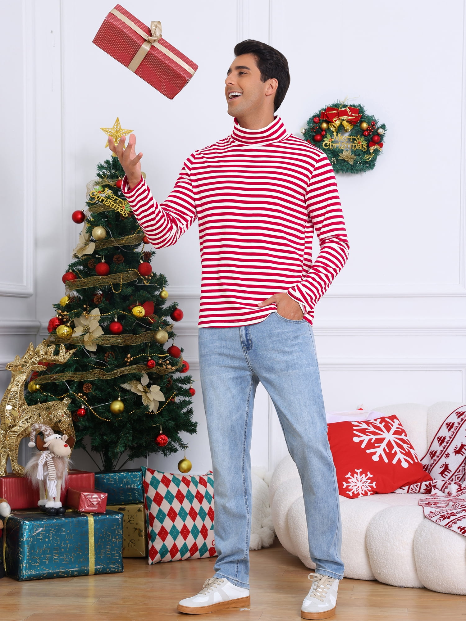DARING DIVA Men's Striped Turtleneck Long Sleeves Pullover Stripes T-Shirt M Red White