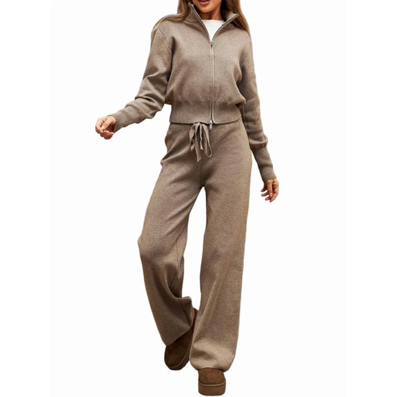 Women'S 2 Piece Outfits Casual Lapel Zip Sweatshirts and Wide Leg Pants Tracksuit Sets Khaki M