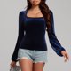 thumbnail image 5 of TaTaai Puff Sleeve Bustier Velvet Top, Women's Turtleneck Style, Soft Warm Texture, Asymmetric Drape Design, Fall Winter Daily Casual Outfit, Hand Washable Garment Gift, 5 of 6