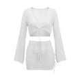thumbnail image 6 of Womens Crochet Swimsuit Coverups 2 Piece Bathing Suit Cover Up Long Sleeve Tie Front Crop Top Mini Hollow Skirt Sets White, 6 of 6