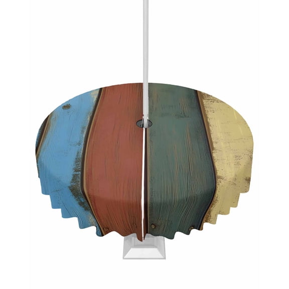 nqOlkjepod Blue Teal Red Farmhouse Outdoor Tablecloth with Umbrella Hole & Zipper, Vintage Wooden Retro Round Table Cover 54 Inch, Dining Waterproof Table Cloth Protector for Patio/Party/Picnic
