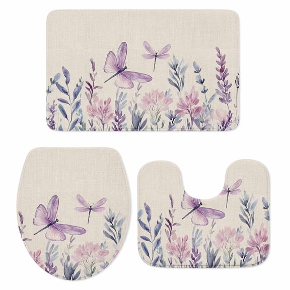 Purple Florals Bath Mat 3 Piece Bathroom Rug Set, Spring Butterflies Dragonfly Retro Beige Non Slip Bath Rug Contour Mat and Toilet Lid Cover, Absorbent Shower Mats Soft Bath Rugs and Mats Sets