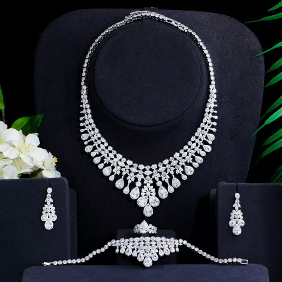 Super Long Tassel Round Drop Women Costume Necklace Earrings CZ 4PCS Jewelry Set
