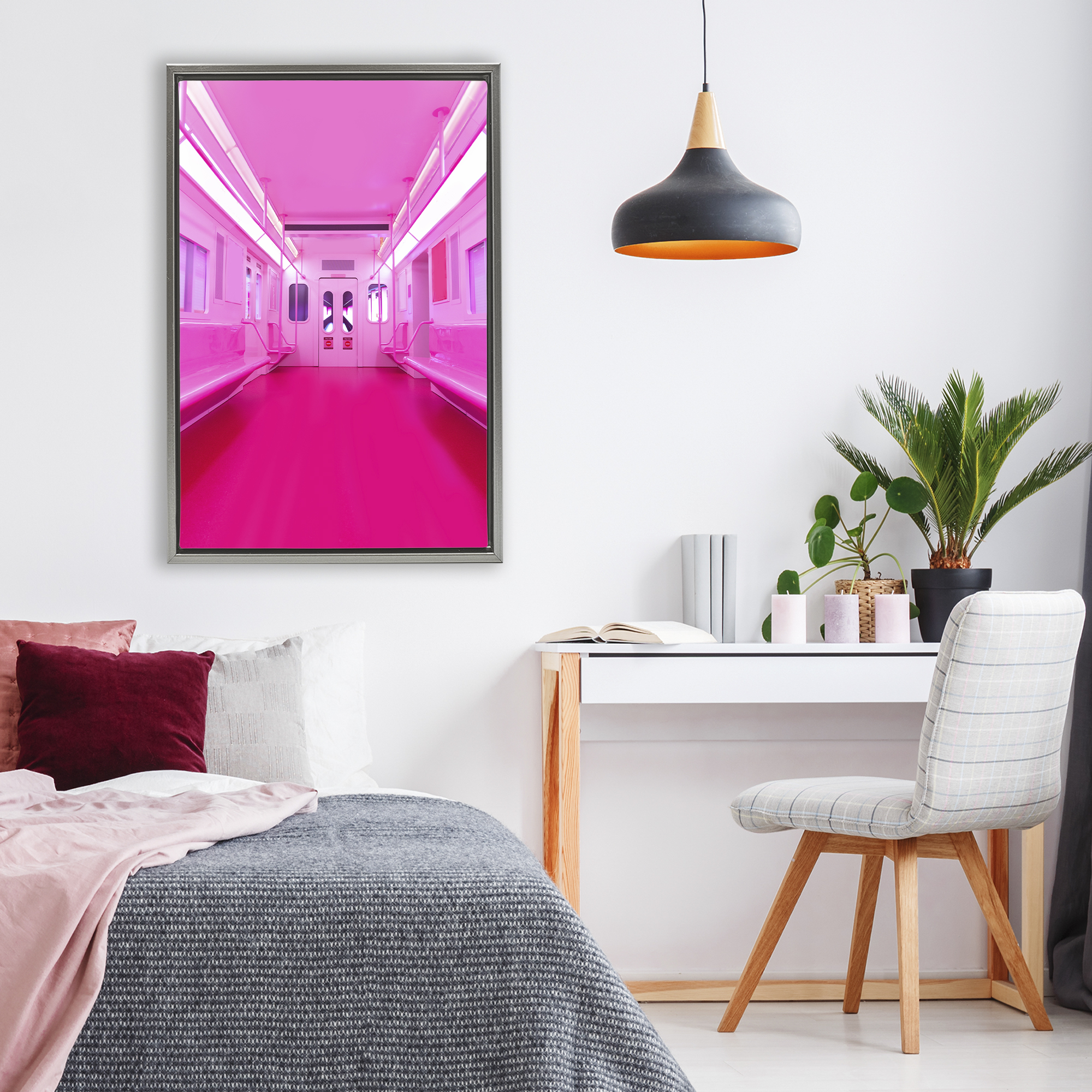 Futuristic Pink Tone Subway Gray Framed Floater Canvas Wall Art, design by LISH Creative