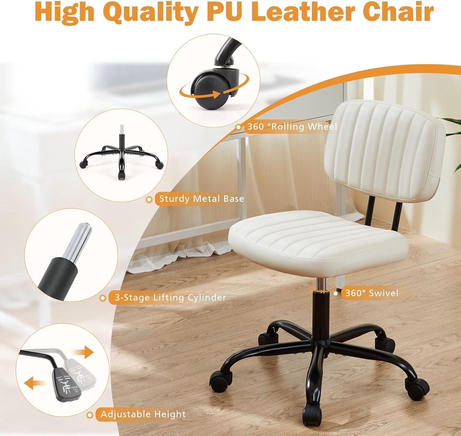 Atilioo Office Desk Chair, Armless Computer Chair with Wheels, PU Leather, Lumbar Support, 360° Rolling Swivel Task Chair for Home Office, White
