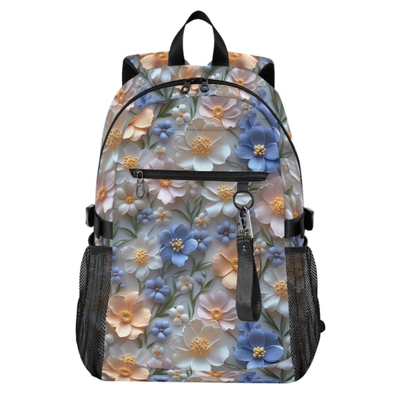 JIALIOU 14" Laptop Backpack Waterproof Airline Approved Stylish Casual Daypack for Travel Business College Work, White Blue Pink 3d Flower