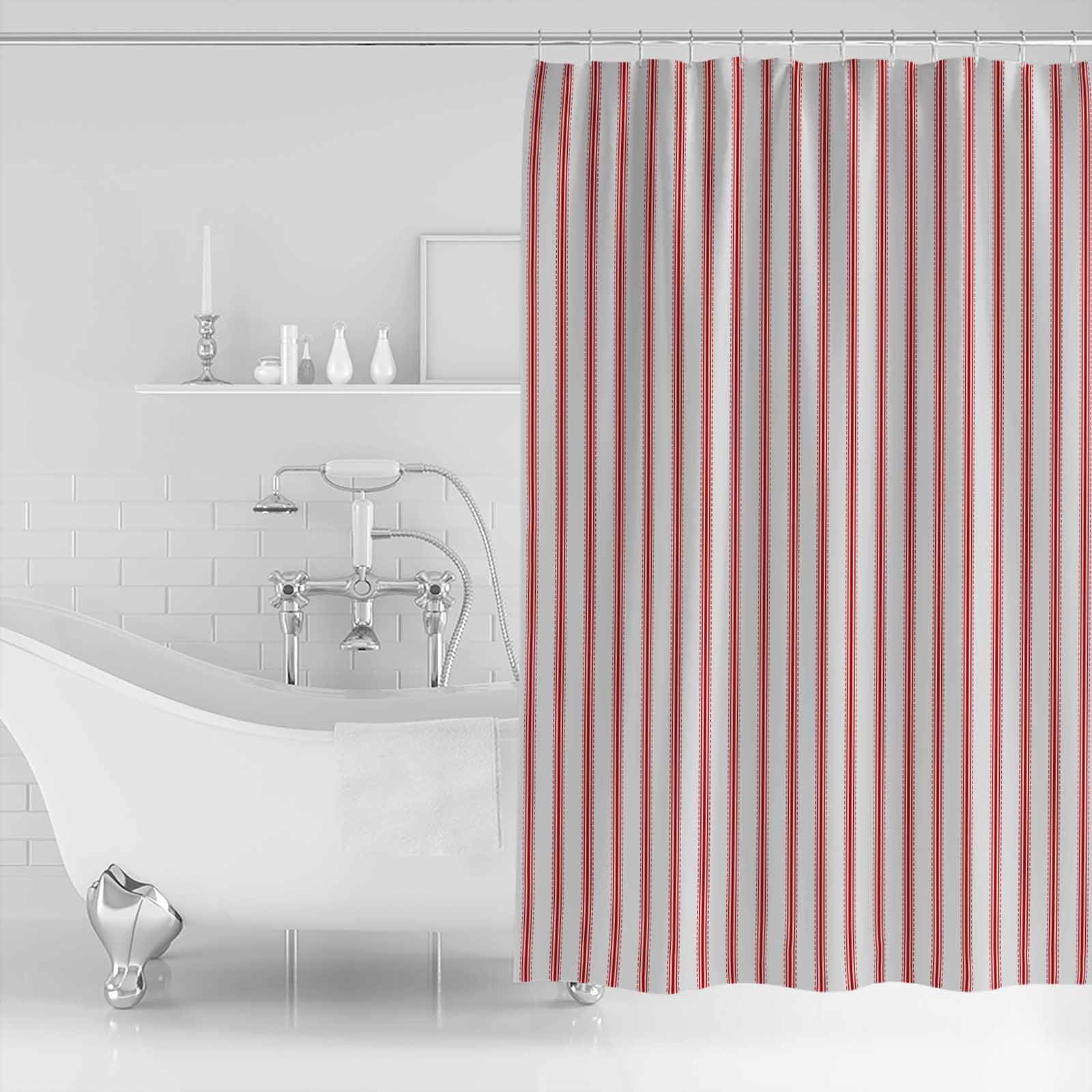 Extra Long Shower Curtain 72x84 Inch, Red Striped Shower Curtain Waterproof Bathroom Decor Red White Stripes Farmhouse Fabric Bath Curtain Set Accessories with Hooks