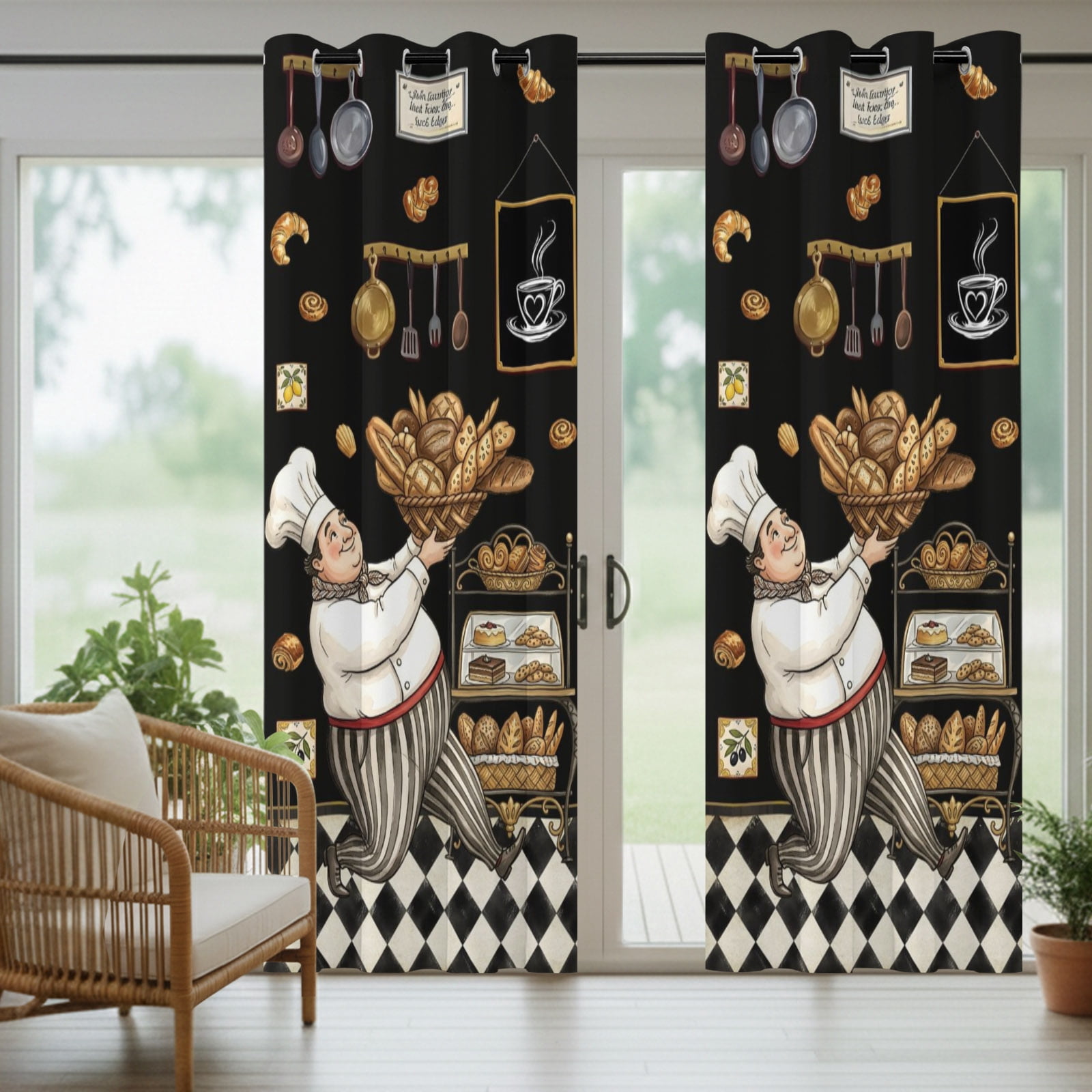 Retro Cartoon Chef Outdoor Curtains for Patio, Vintage Break Farmhouse Traditional Food Black Sunshade Privacy Drapes Grommet Waterproof Outside Curtains for Porch/Cabana/Balcony 54"x 108", 1 Panel
