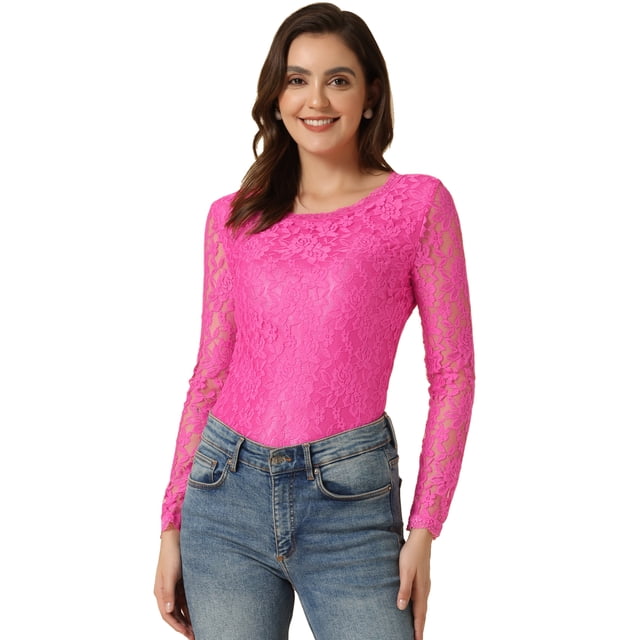 Top de Encaje Con Bordado de Flores y Mangas Largas Transparentes Allegra K Rosa Caliente XL