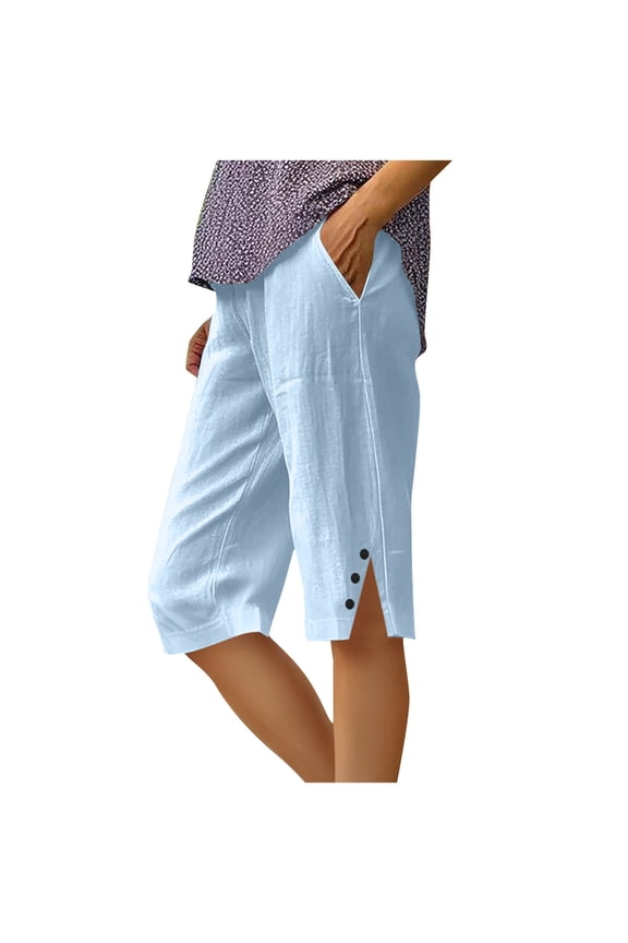 Linen Capri Pants for Women Knee Length Cotton Capris Summer Straight Leg Loose Beach Shorts with Pockets