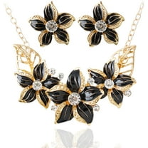 XBage Fashion Women Crystal Flower Statement Necklace Earrings Jewelry Set (Black)[xl6398]