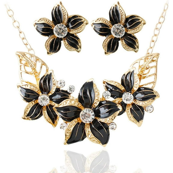 XBage Fashion Women Crystal Flower Statement Necklace Earrings Jewelry Set (Black)[xl6398]