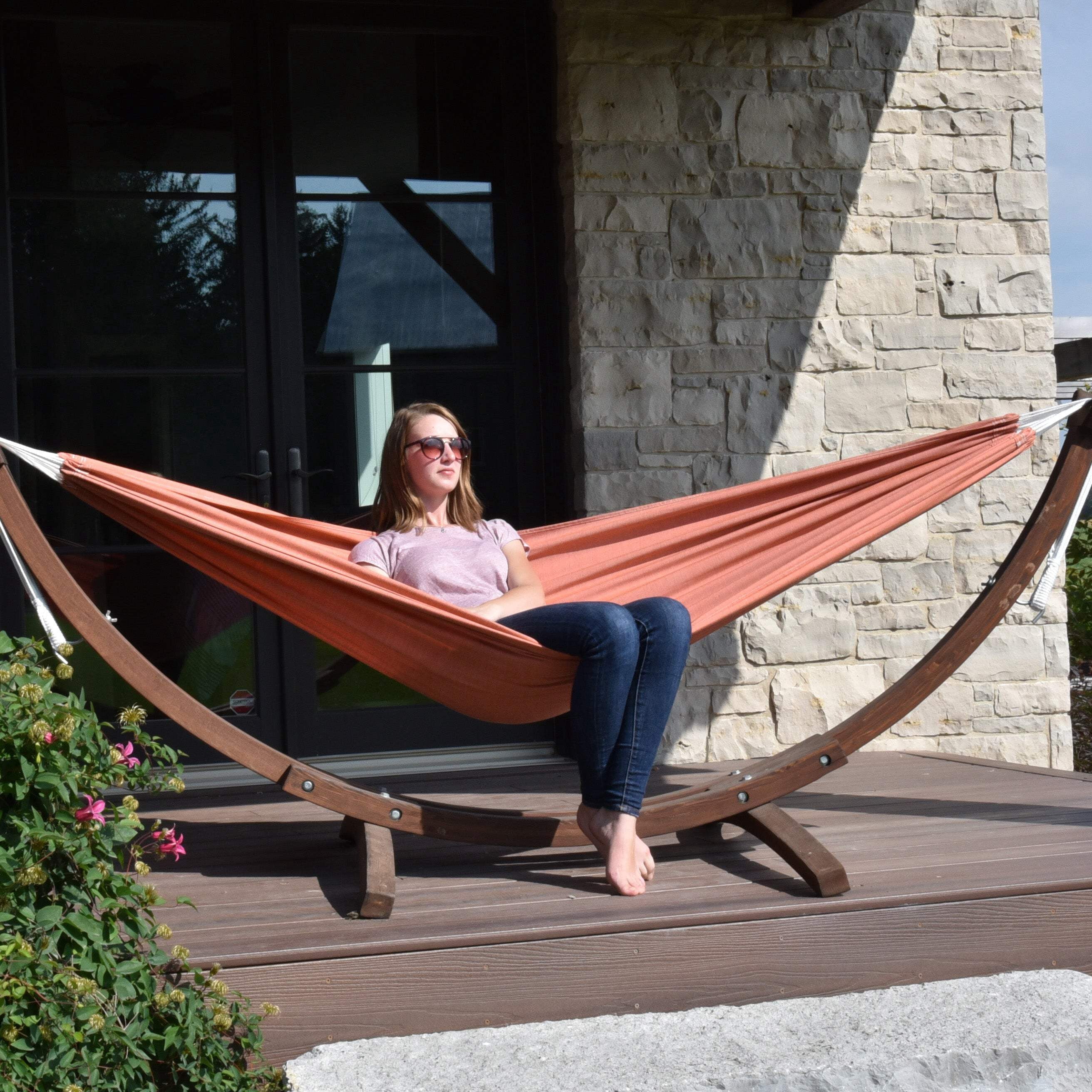 Vivere Double Sunbrella Hammock with Solid Pine Arc Stand- Coral