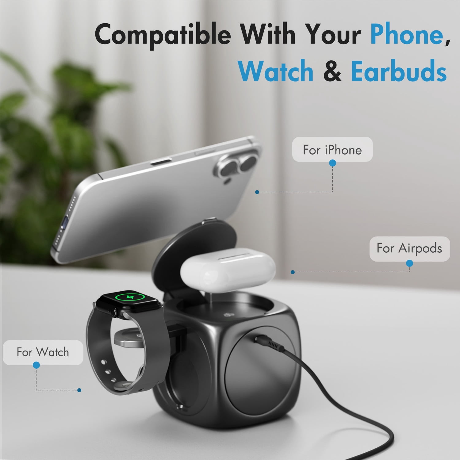 3 in 1 Magnetic Wireless Charger, Compatible with iPhone 16 15 14 13 12 11 8 X XR SE , for Apple Watch Series, for AirPods Pro 4 3 2 1, Portable Stretch Shrink Fold Design for Travel Office(Black)