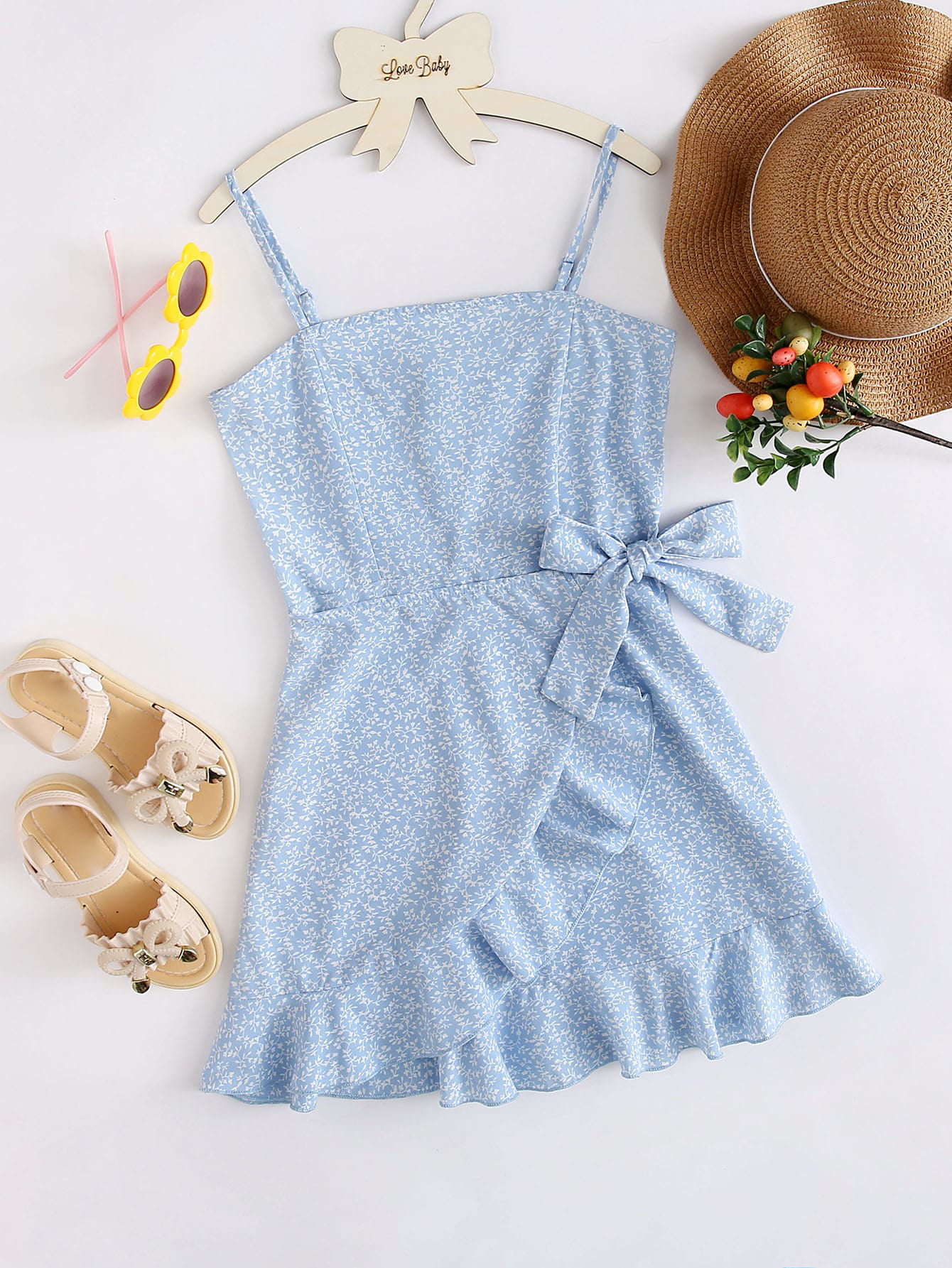 Girls Ruffle Trim Tie Side Allover Plant Cami Dress Shirt S221904X Baby  Blue 9Y(53IN)