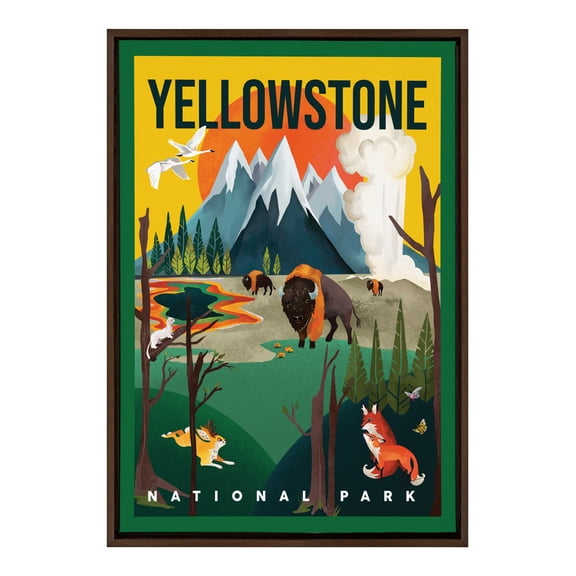 Kate and Laurel Sylvie Yellowstone Park Framed Canvas Wall Art by The Whiskey Ginger, 23x33 Brown, Decorative Vintage Travel Art for Wall