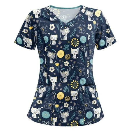 

Lolmot Women s Casual Printed Scrubs Holiday Workwear Stretchy V-Neck Short Sleeve Shirt Nurse Uniforms Medical Scrub Tops with Pockets on Clearance