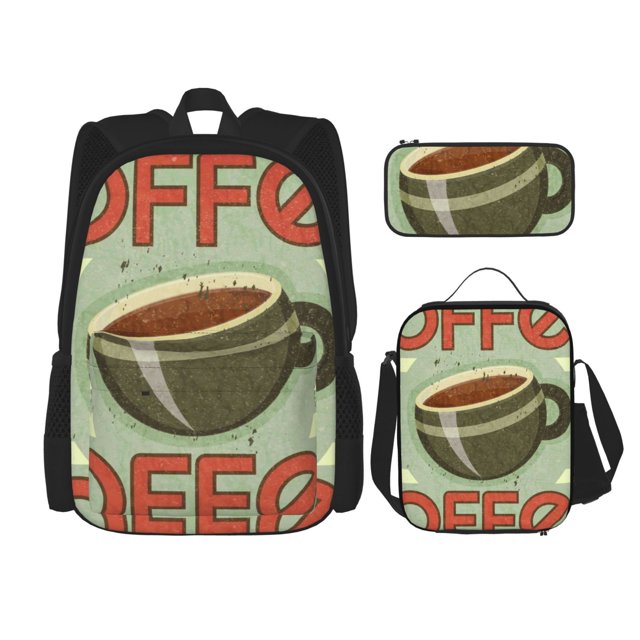 Balery Retro Cover For Coffee Mochila escolar 3 en 1 para niños: mochila resistente con lonchera térmica y estuche para lápices. Mochila escolar para niños y niñas.