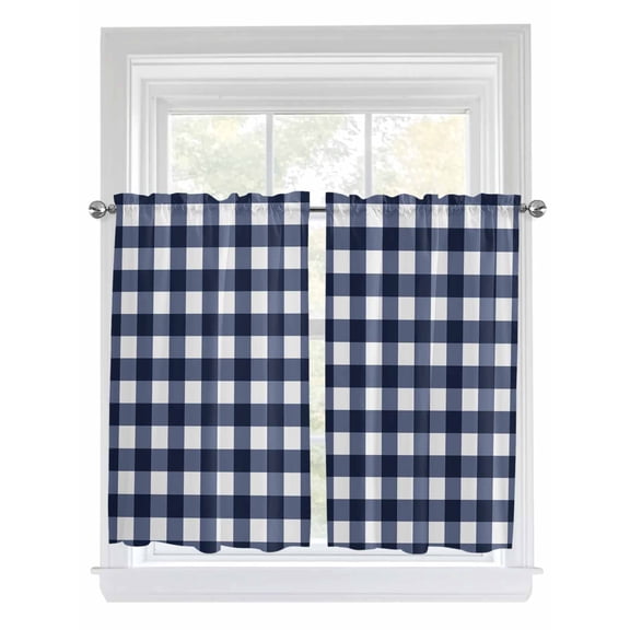 Kitchen Curtains 45 Inches length, Navy Blue Check Window Treatment Curtain Drapes, Farmhouse Buffalo Plaid Blue Lightweight Window Panels for Living Room Bedroom, 52"x45", 2 Panels