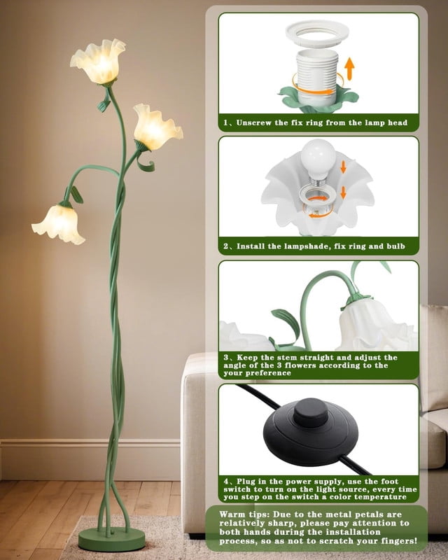 limotech Floral Floor Lamp, Standing Lamp for Bedroom, Flexible Neck,Modern 3-Head Living Room Lamp, 3 Color Temperatures Vintage Lamp for Home Living Room Corner, 60 Watt 15.7*15.7*59 Inch,Green