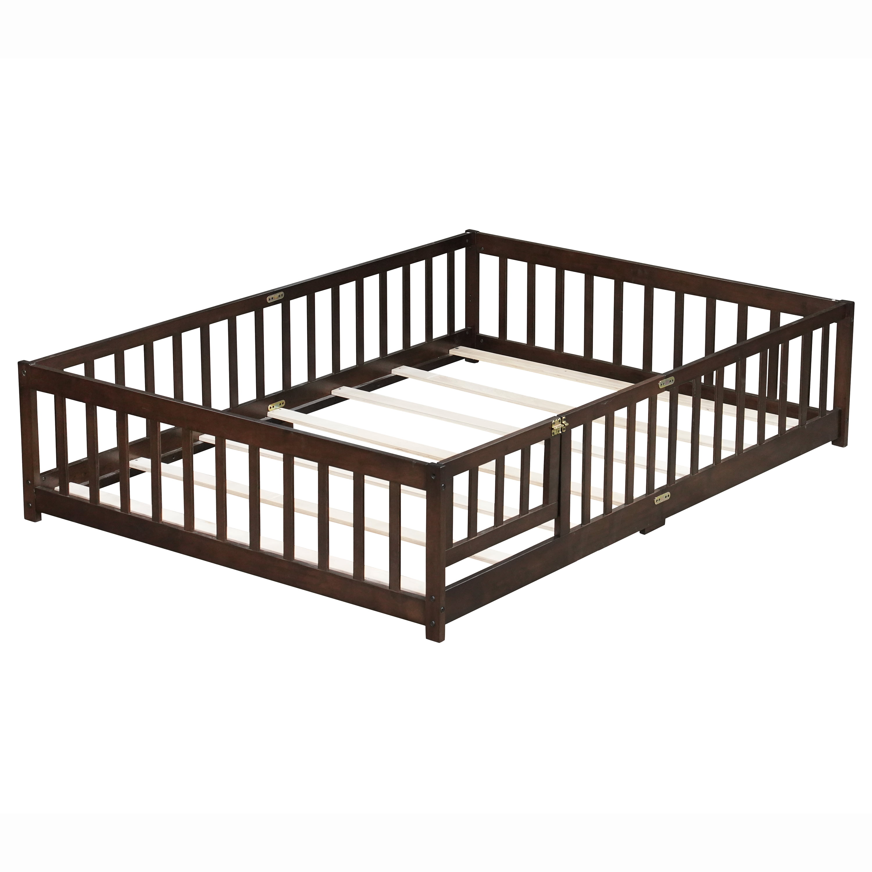 Miniyam Full Size Floor Bed with Guardrails and Door for Kids, Espresso