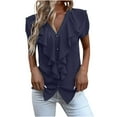 thumbnail image 3 of Mittory Women's V Neck Ruffle Front Button Down Short Sleeve Loose Casual Blouse Top Shirt, 3 of 8