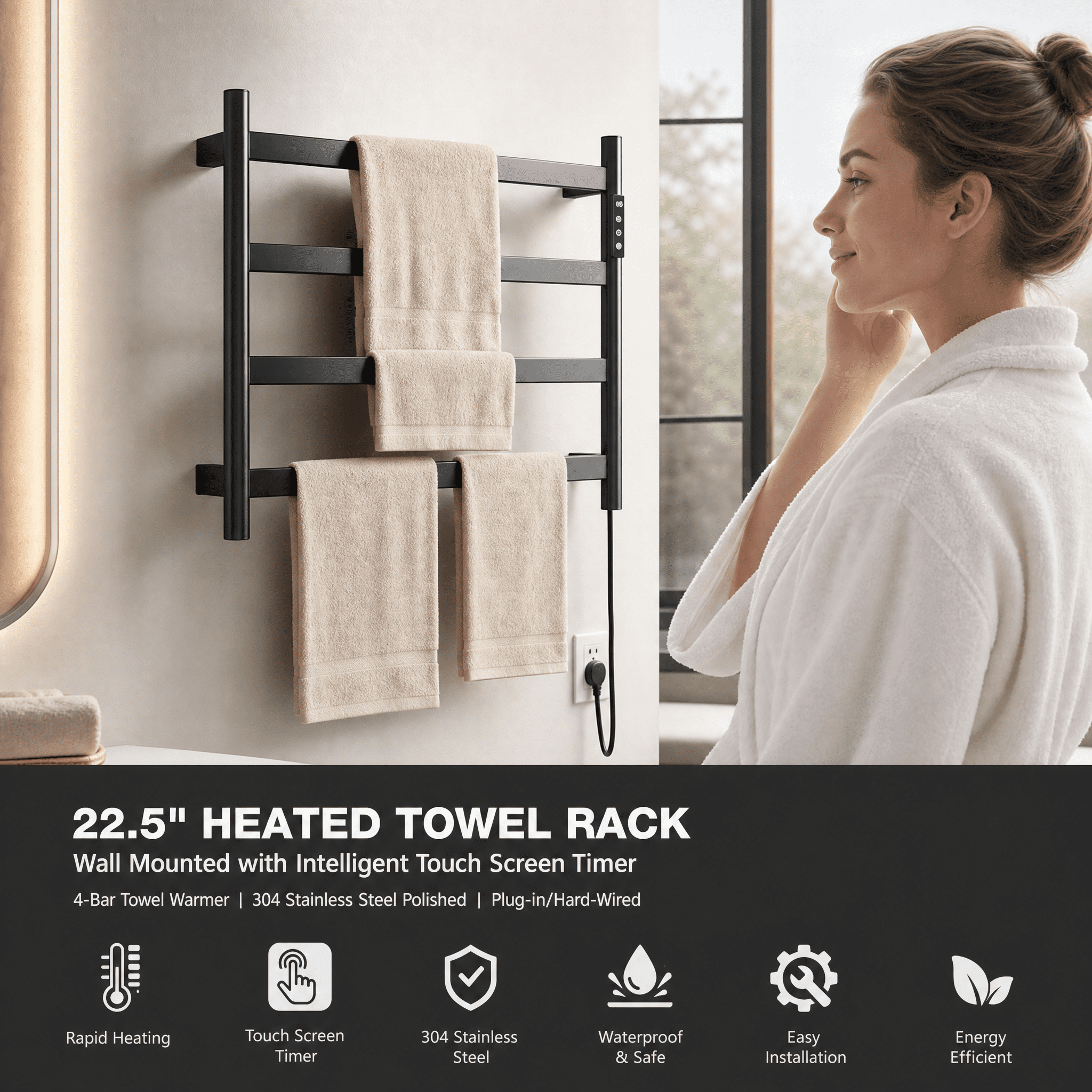 22.5" Heated Towel Rack for Bathroom,Wall Mounted with Intelligent Touch Screen Timer, 4-Bar Towel Warmer, 304 Stainless Steel Polished, Plug-in/Hard-Wired