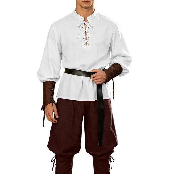 Stamzod 3 Piece Halloween Men Outfits Long Sleeve Pirate Shirts Jogger Pants with Viking Belt Renaissance Medieval Costume Matching Set