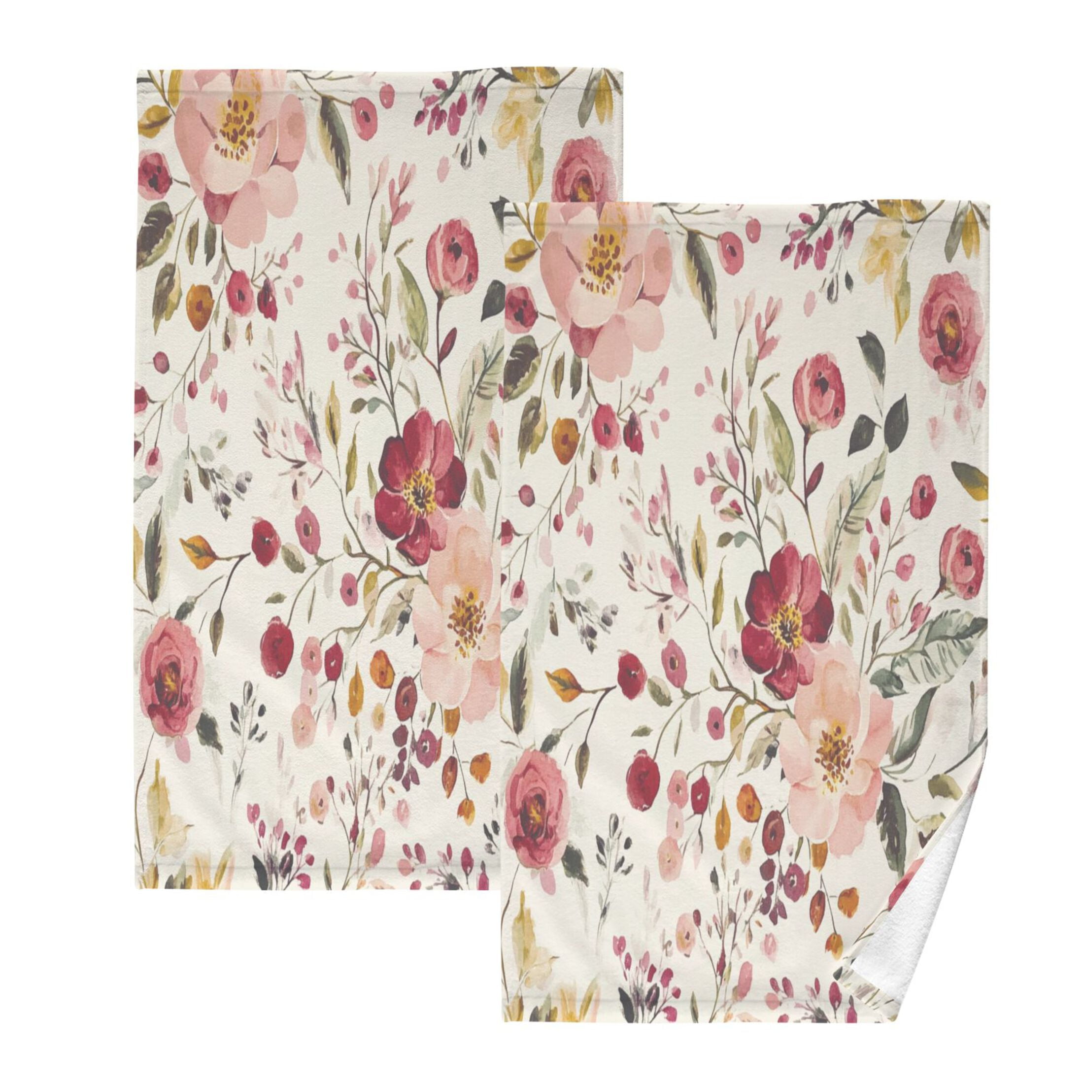 2 Pcs Absorbent Face Towel Bath Hand Towels Soft Breathable Cotton Towel Set for Bathroom Kitchen Hotel Spa Decor Vintage Floral Print Pattern
