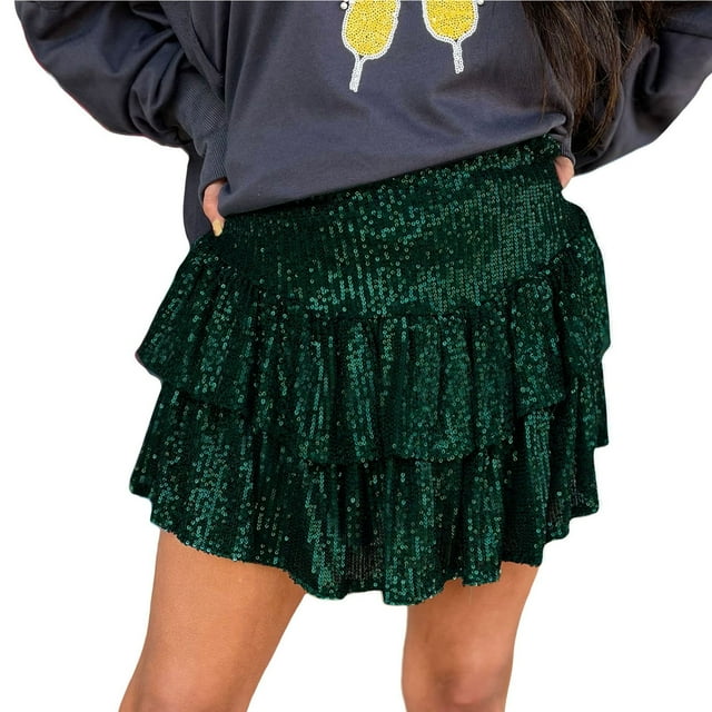 Jupe en Soie Jupe Évasée Ballet Femme Frange en Strass Jupes de Table Jetables Mode Décontractée Patchwork Sequins Taille Haute Régulière Patchwork Conventionnel Vert P