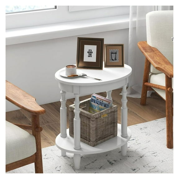 Yunken 2-Tier Oval Side Table with Storage Shelf and Solid Wood Legs, Modern End Table for Living Room, Bedroom, Narrow Sofa Side