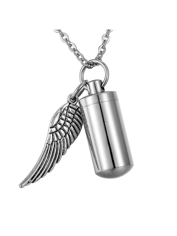 Keepsake Cremation Urn Necklace Angel Wings Cylinder Women Men Urn Necklace for Ashes Birthstone Jewelry Crystal Pendant Stainless Steel Memorial Jewelry