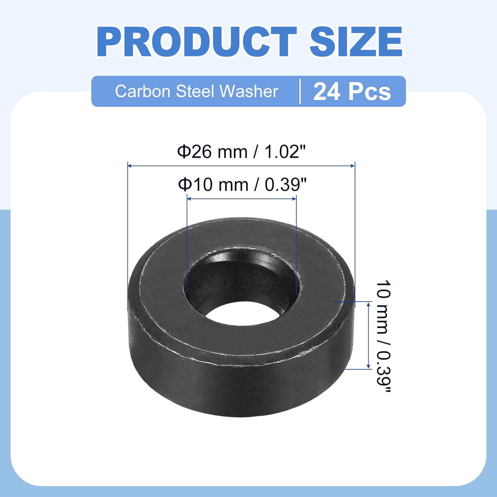 Uxcell 24pcs 1" Black Flat Washer for M24 Screw, Steel Metal Washers 24mm ID 45mm OD 8mm l for Industrial, Screws Bolts