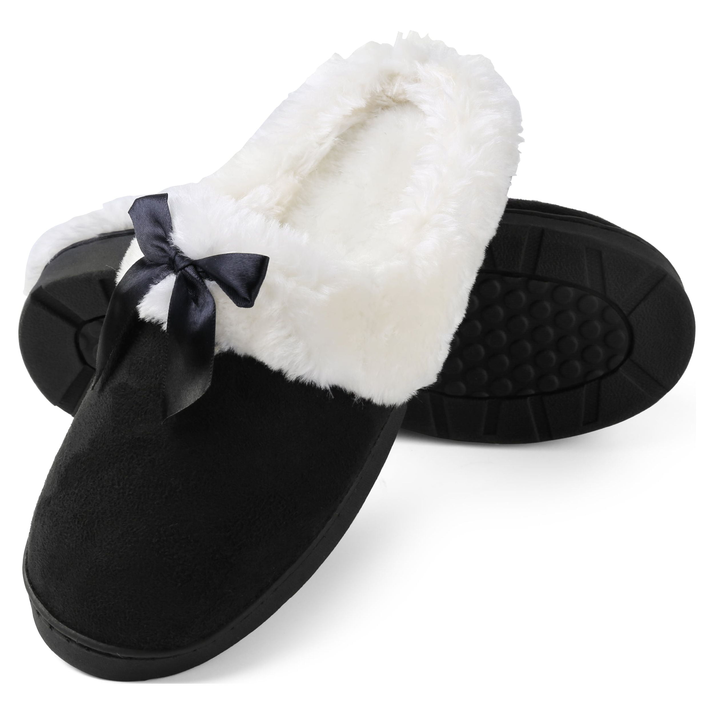 Women's Soft and Cozy Ribbon Bow Plush Slippers With No-Slip Rubber Sole For Indoor, Outdoor, Spa Use (Black)
