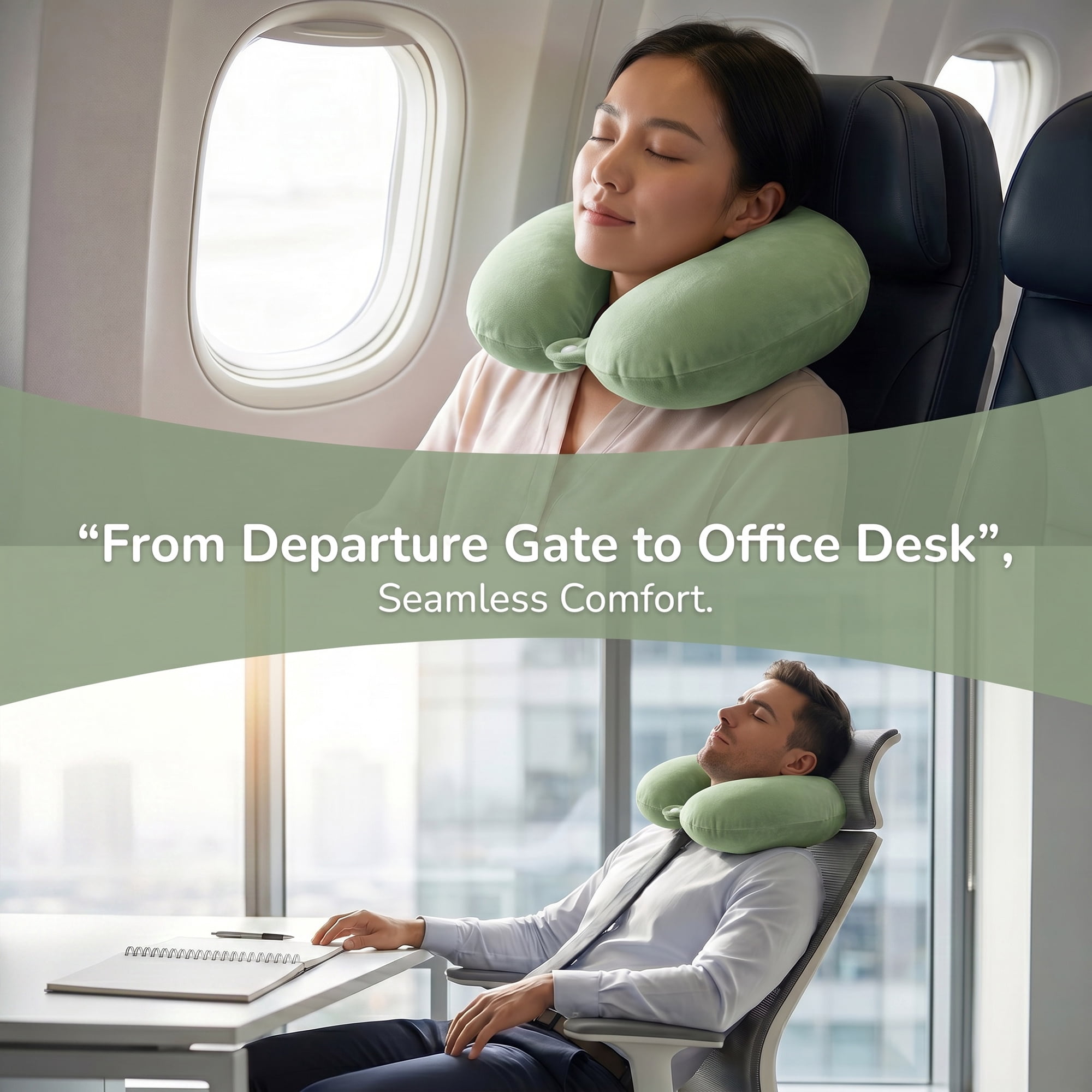 Unique Bargains Memory Foam Travel U Shape Neck Pillow Snap Closure Bean Green 12"x12"x4"