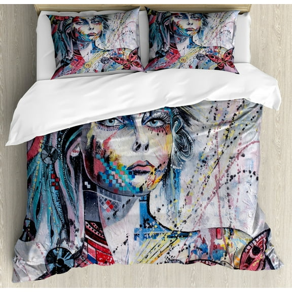 Art Duvet Cover Set Queen Size, Fantasy Portrait of a Girl with Floral and Geometric Details Butterflies Color Splashes, Decorative 3 Piece Bedding Set with 2 Pillow Shams, Multicolor, by Ambesonne